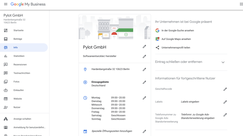 Das Google My Business Hauptmenü